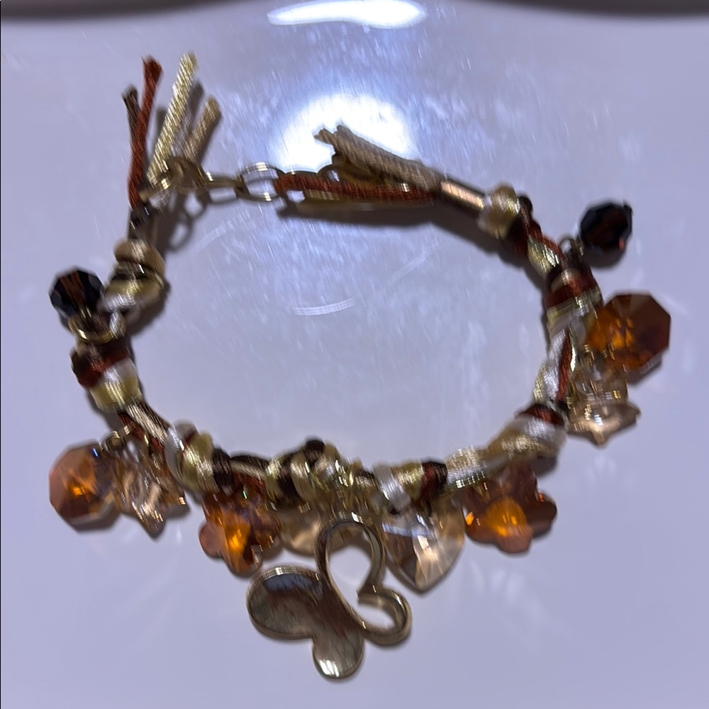Gold Butterfly Bracelet W/ Amber & Brown Gem Charms… Purchased In Rhodes, Greece